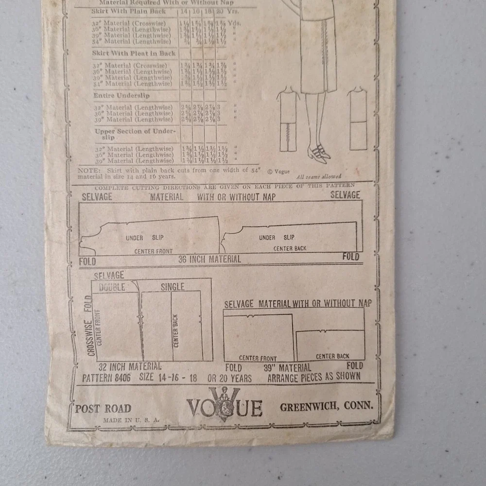RARE Antique 1920's VOGUE Pattern Cover #8406 Skirt Slip Shirt 16 Years 34 Bust